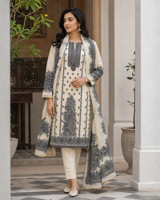 Ivory Black Paisley Printed Suit - Unstitched
