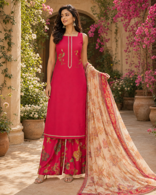 Peacock Floral Printed Suit - Unstitched