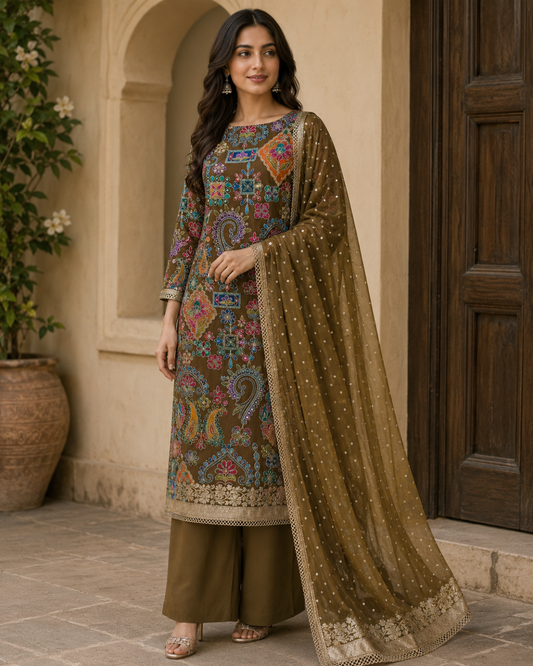 Olive Multicolour Gujarati Embroidered Suit - Unstitched