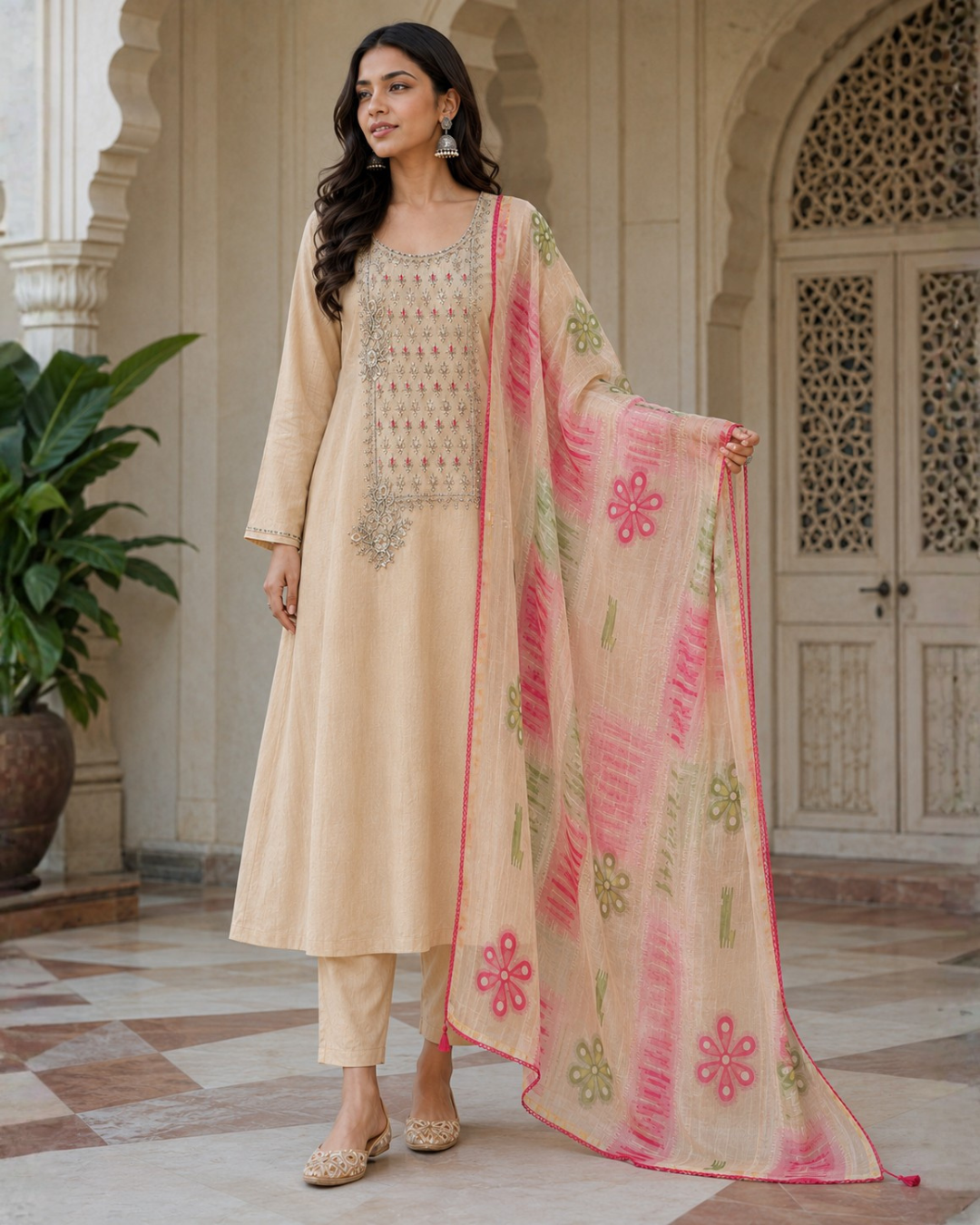 Beige Floral Embroidered Suit - Unstitched