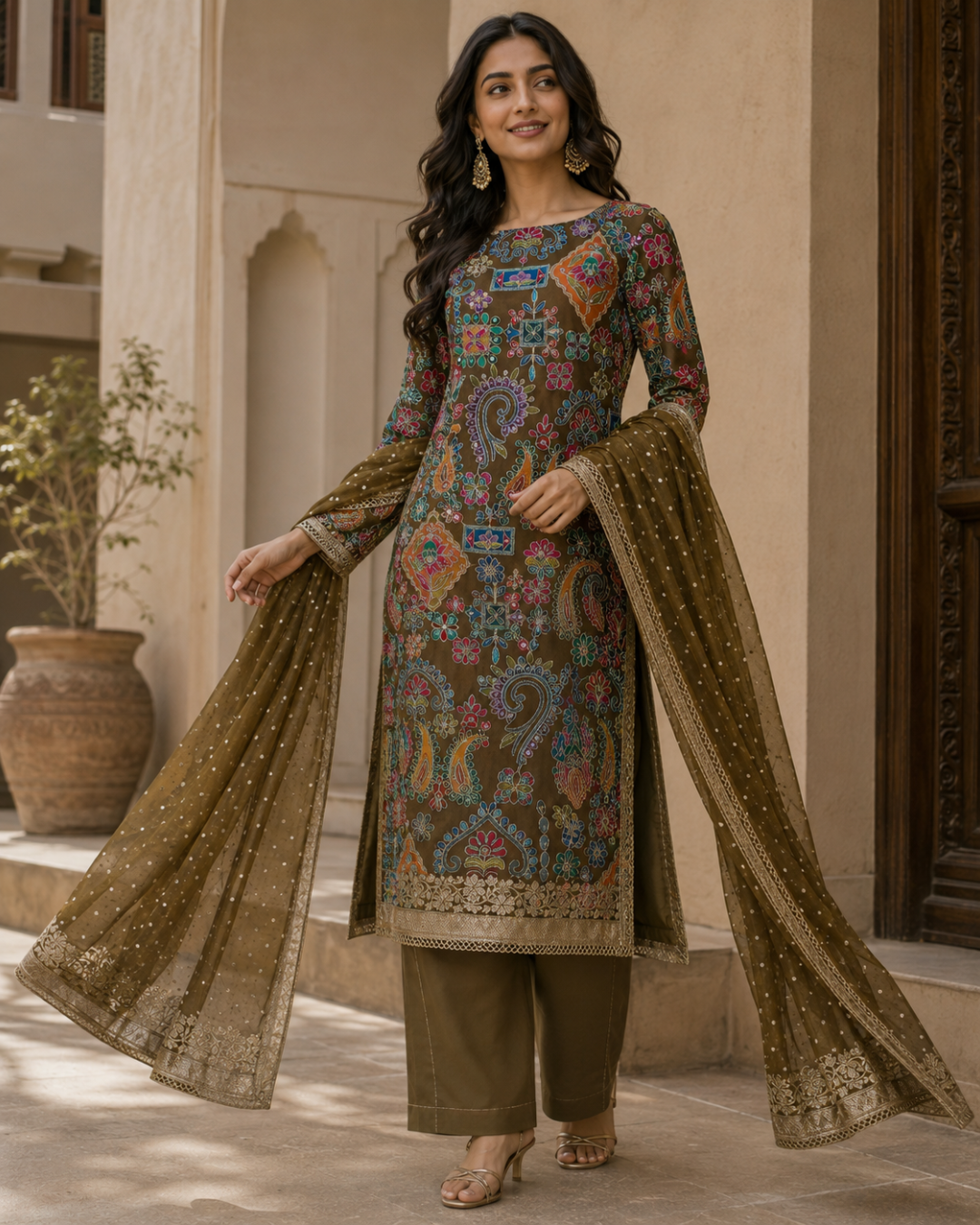 Olive Multicolour Gujarati Embroidered Suit - Unstitched