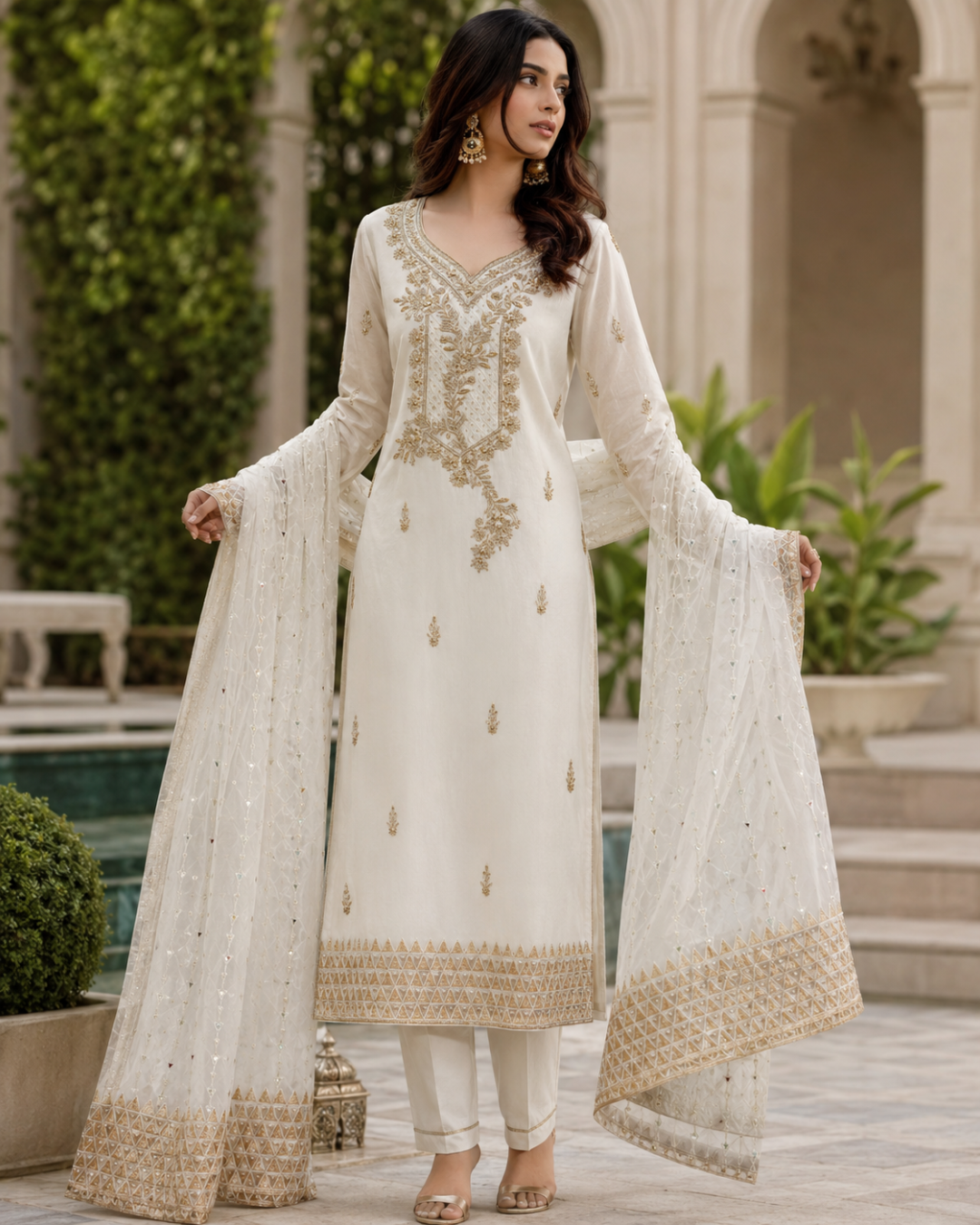 Gold Zari Embroidered Suit - Unstitched