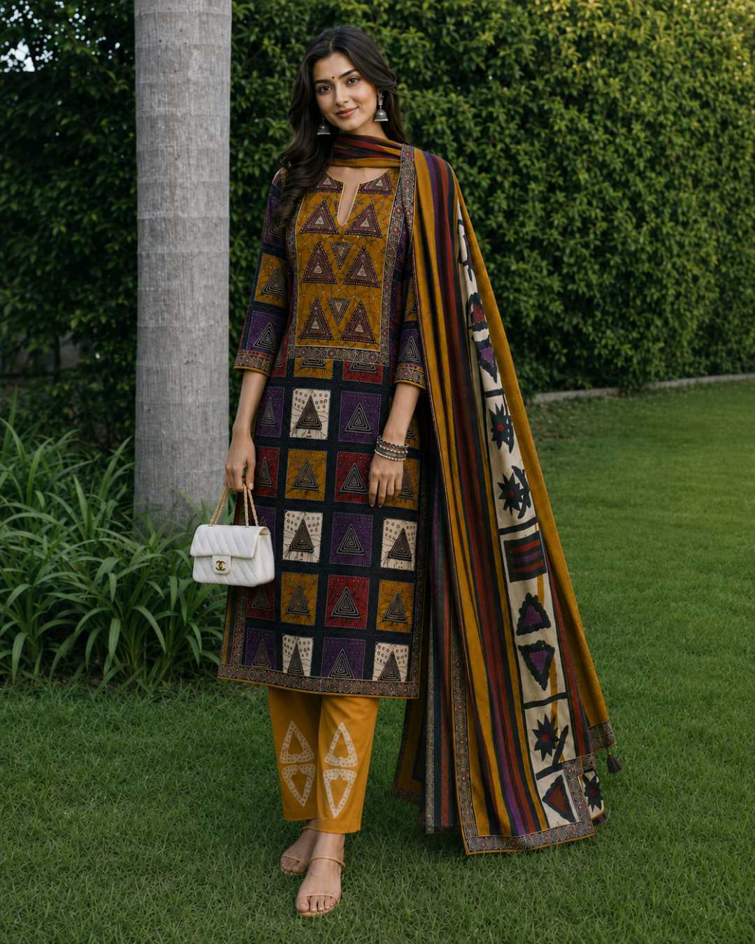 Mustard Multicolour Printed Suit - Unstitched