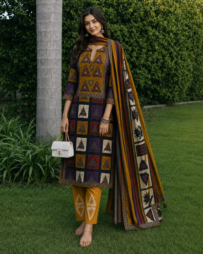 Mustard Multicolour Printed Suit - Unstitched