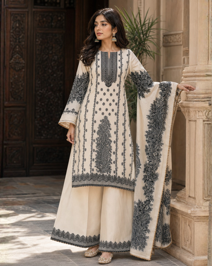 Ivory Black Paisley Printed Suit - Unstitched