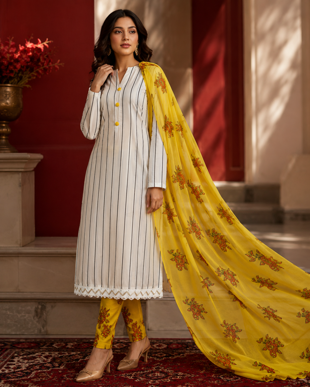 Yellow Floral Printed Suit - Unstitched
