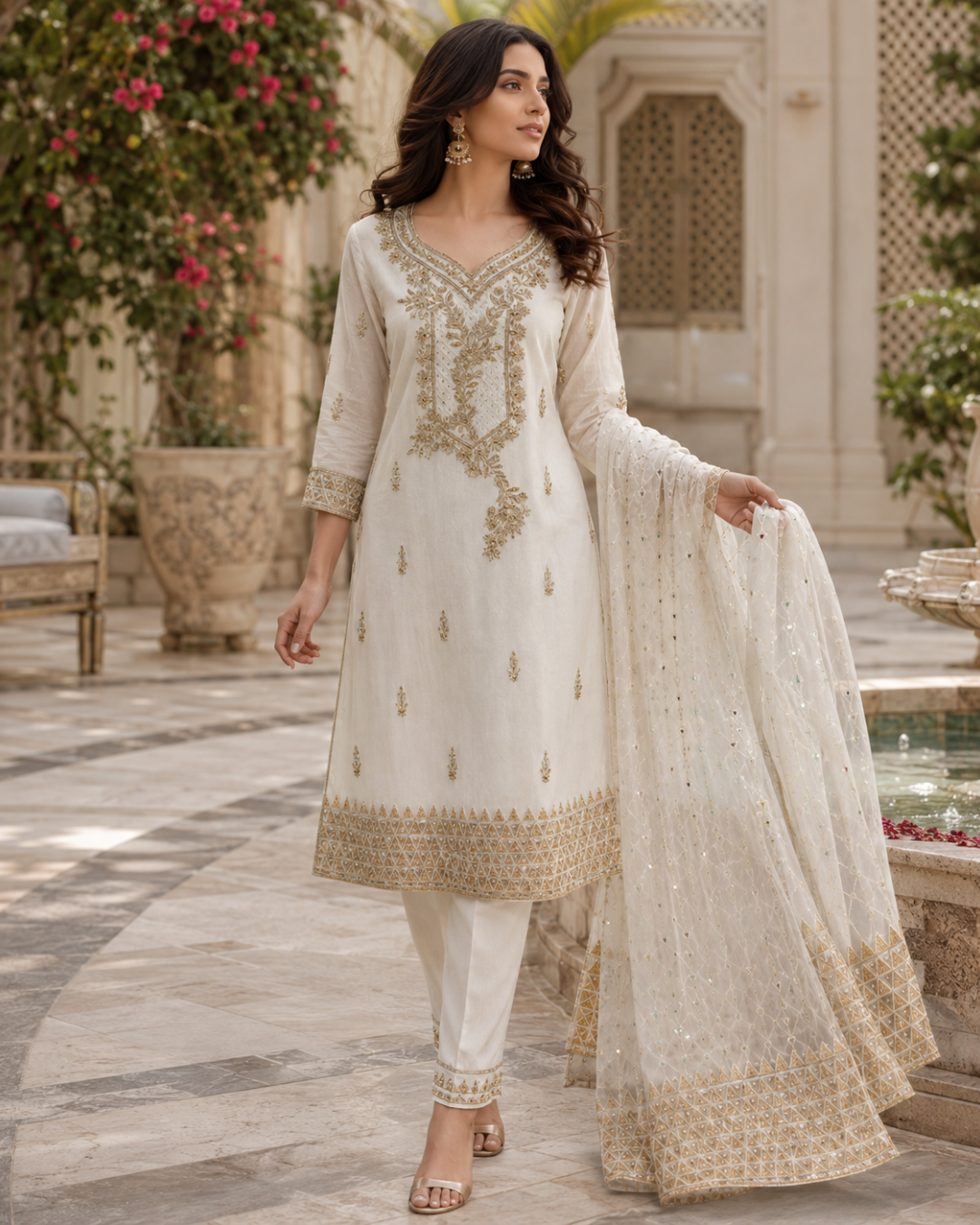 Gold Zari Embroidered Suit - Unstitched