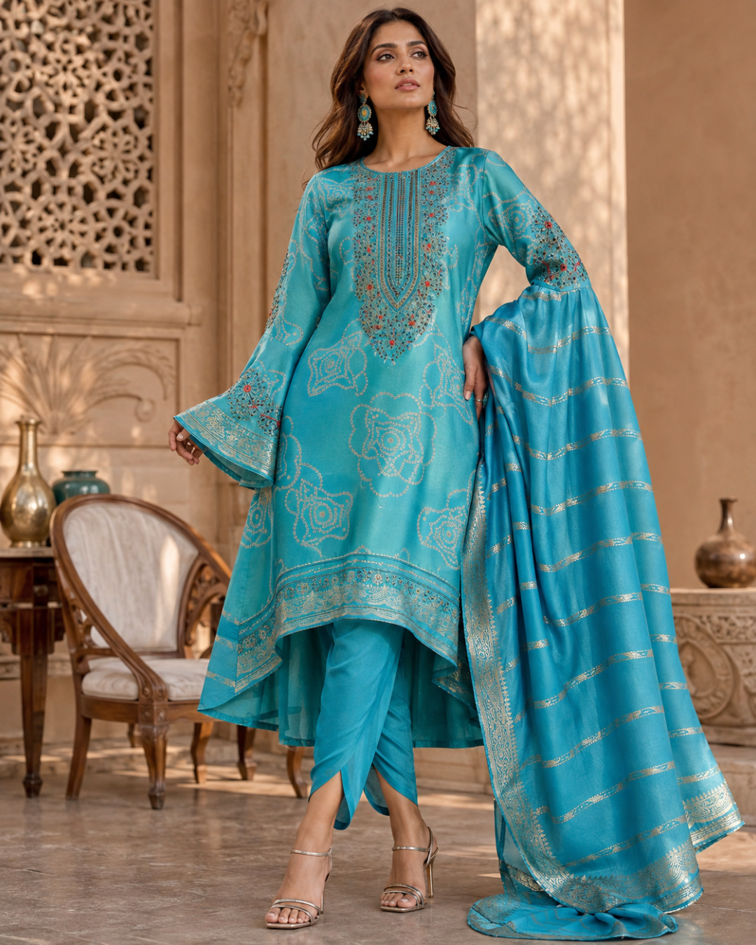 Turquoise Embroidered Suit - Unstitched