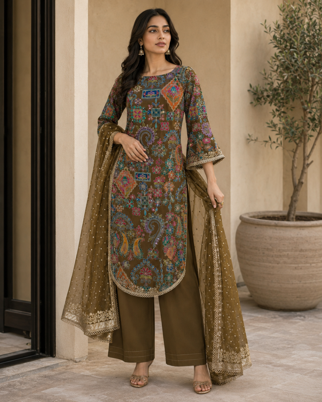 Olive Multicolour Gujarati Embroidered Suit - Unstitched