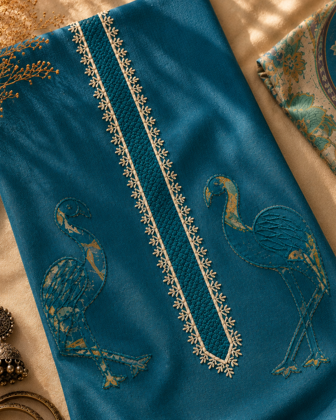 Peacock Floral Printed Suit - Unstitched