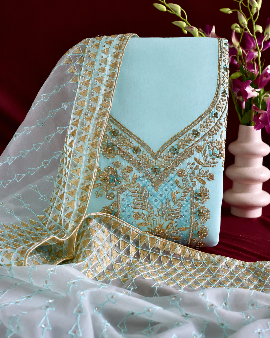 Gold Zari Embroidered Suit - Unstitched