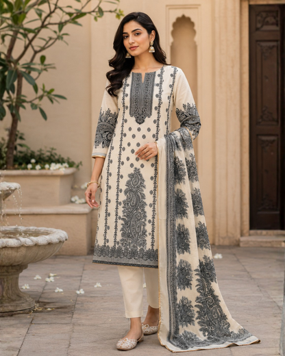 Ivory Black Paisley Printed Suit - Unstitched