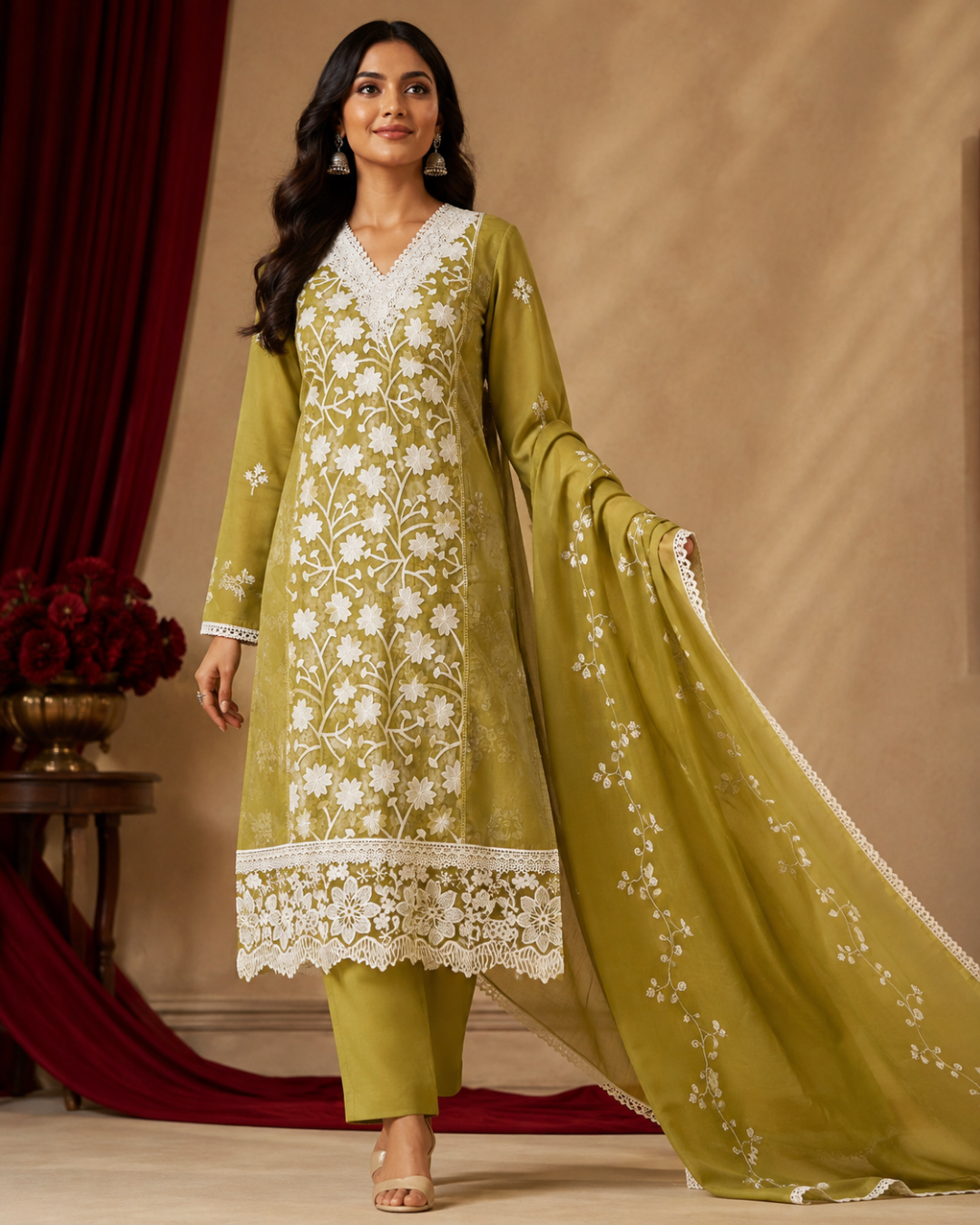 Floral Lace Embroidered Suit - Unstitched