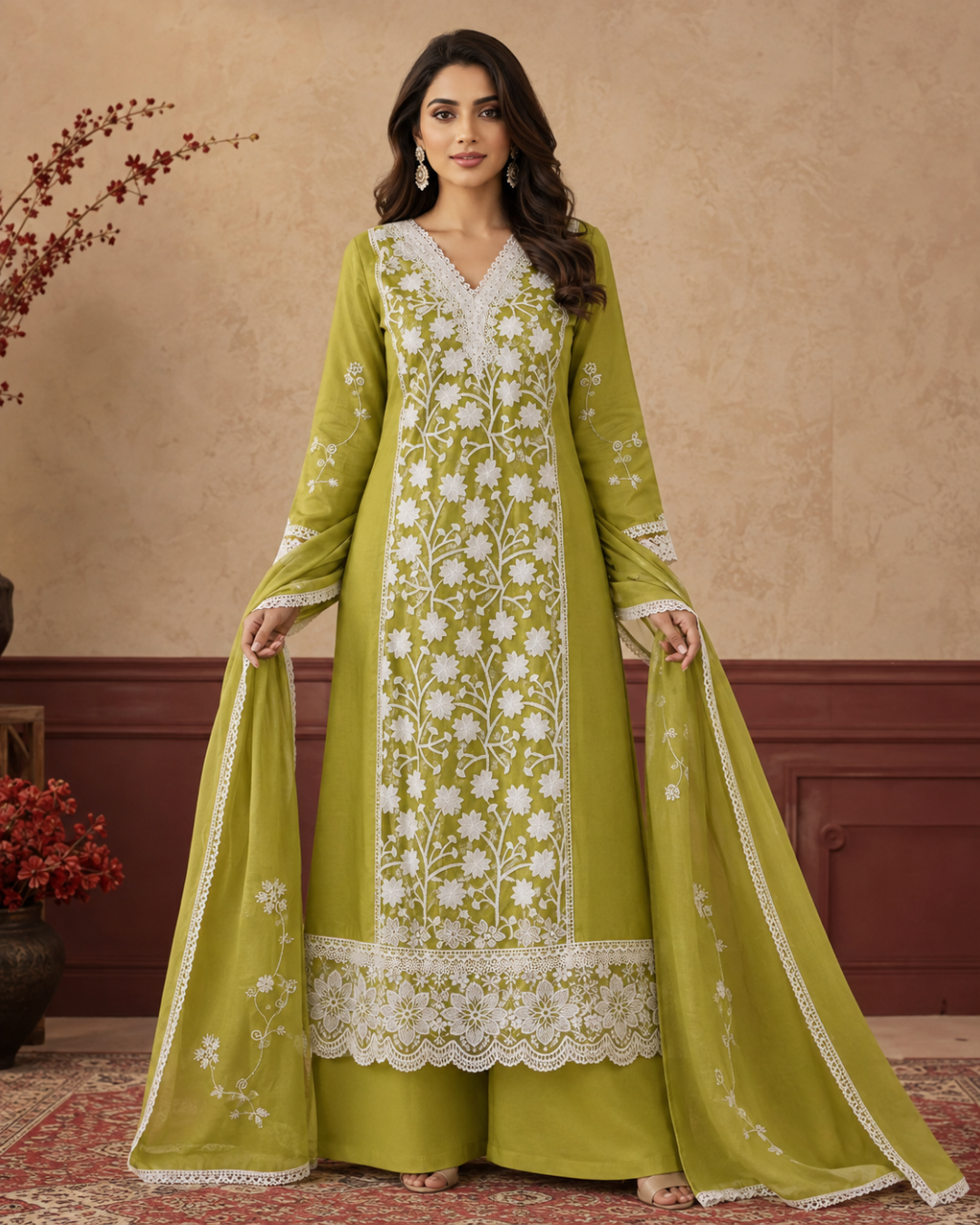Floral Lace Embroidered Suit - Unstitched