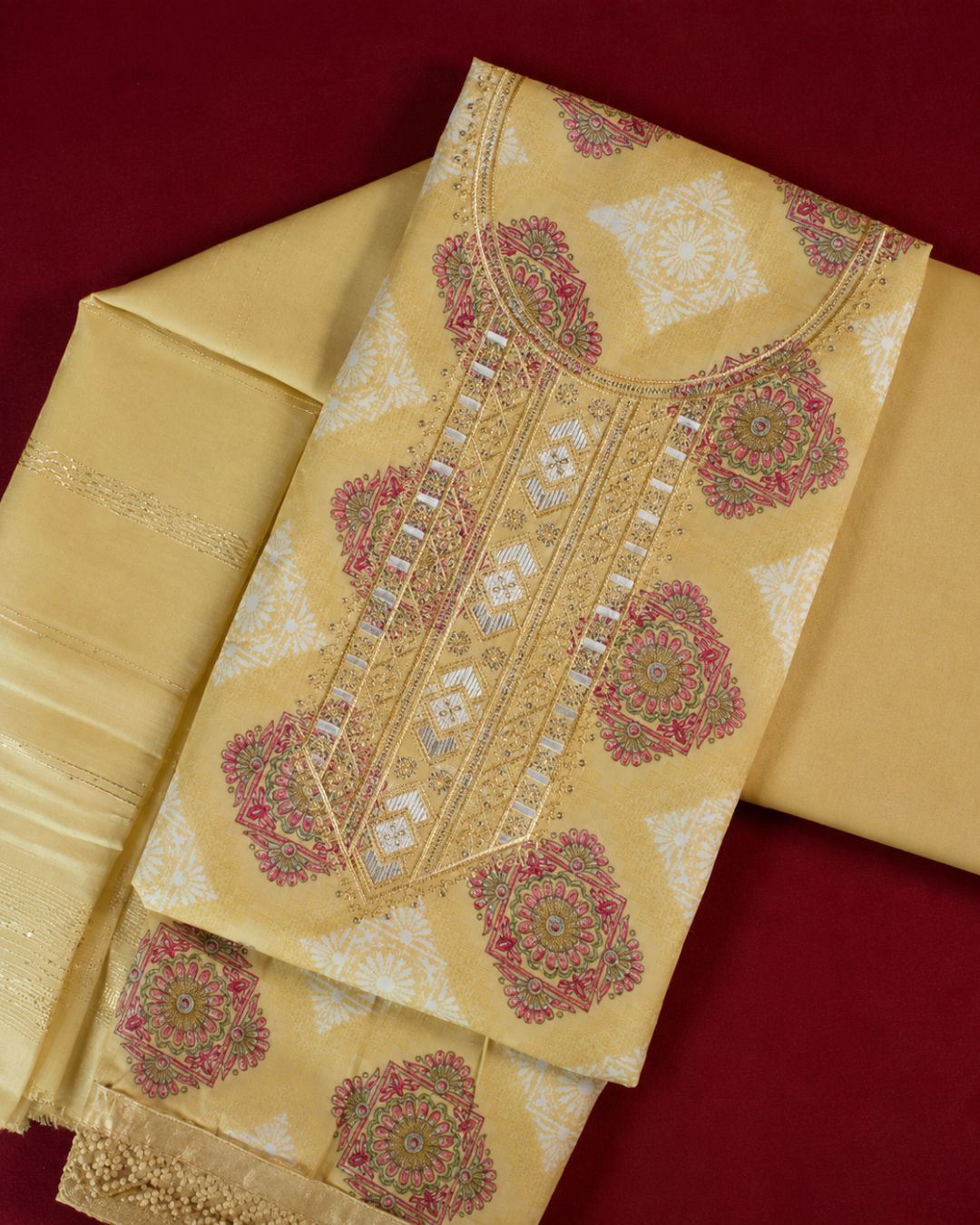 Floral Lace Embroidered Suit - Unstitched