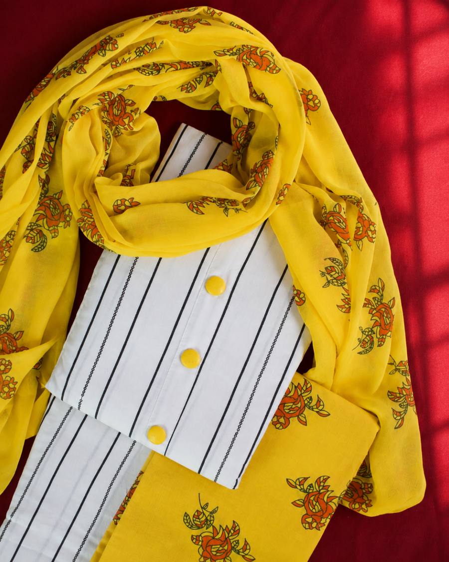 Yellow Floral Printed Suit - Unstitched