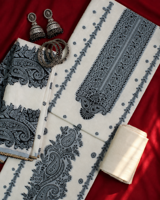 Ivory Black Paisley Printed Suit - Unstitched
