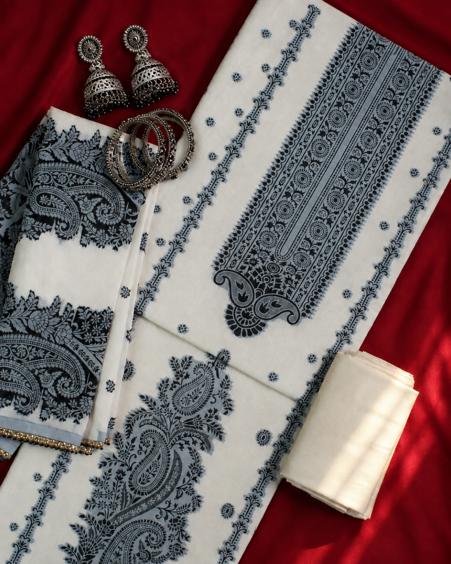 Ivory Black Paisley Printed Suit - Unstitched