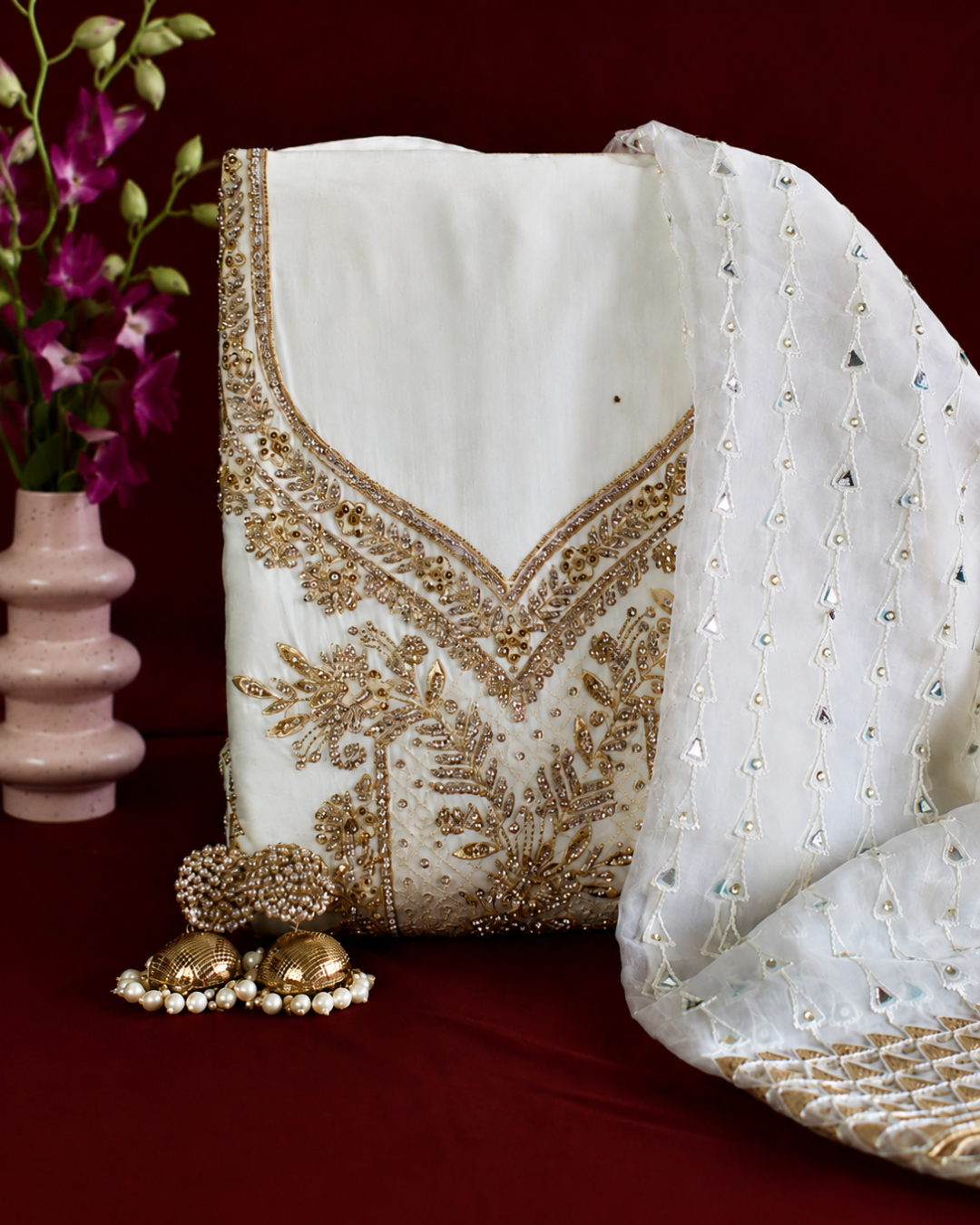 Gold Zari Embroidered Suit - Unstitched