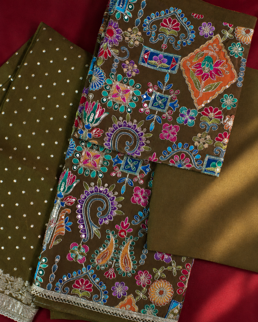 Olive Multicolour Gujarati Embroidered Suit - Unstitched