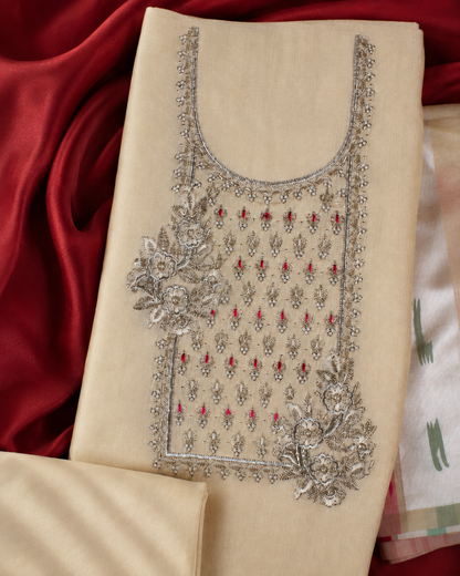 Beige Floral Embroidered Suit - Unstitched