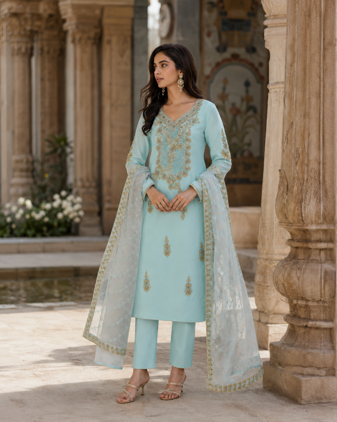 Gold Zari Embroidered Suit - Unstitched