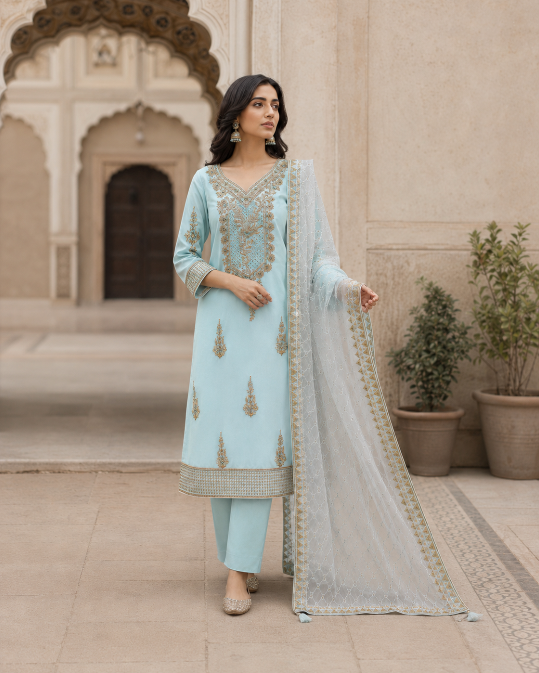 Gold Zari Embroidered Suit - Unstitched