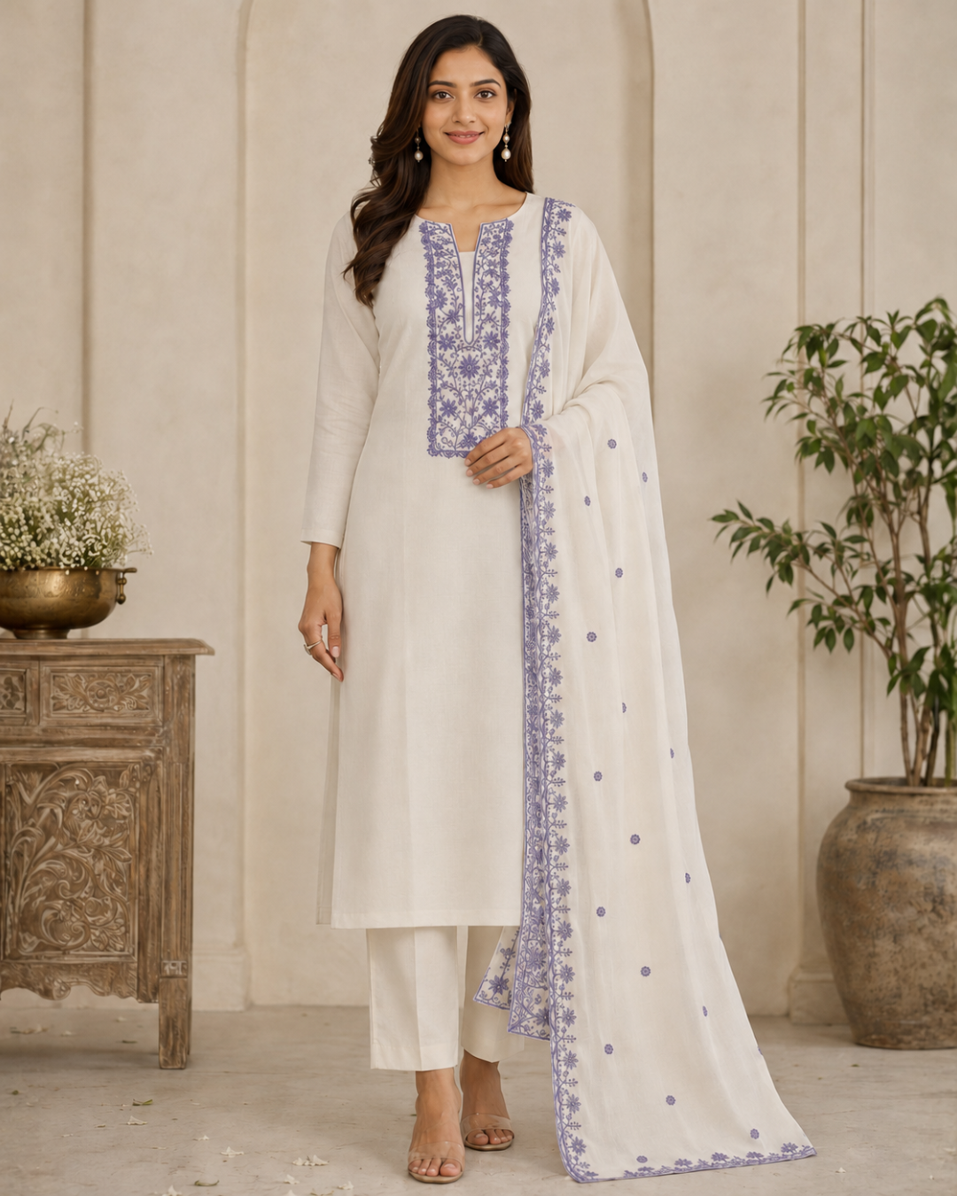 Ivory Thread Embroidered Suit - Unstitched