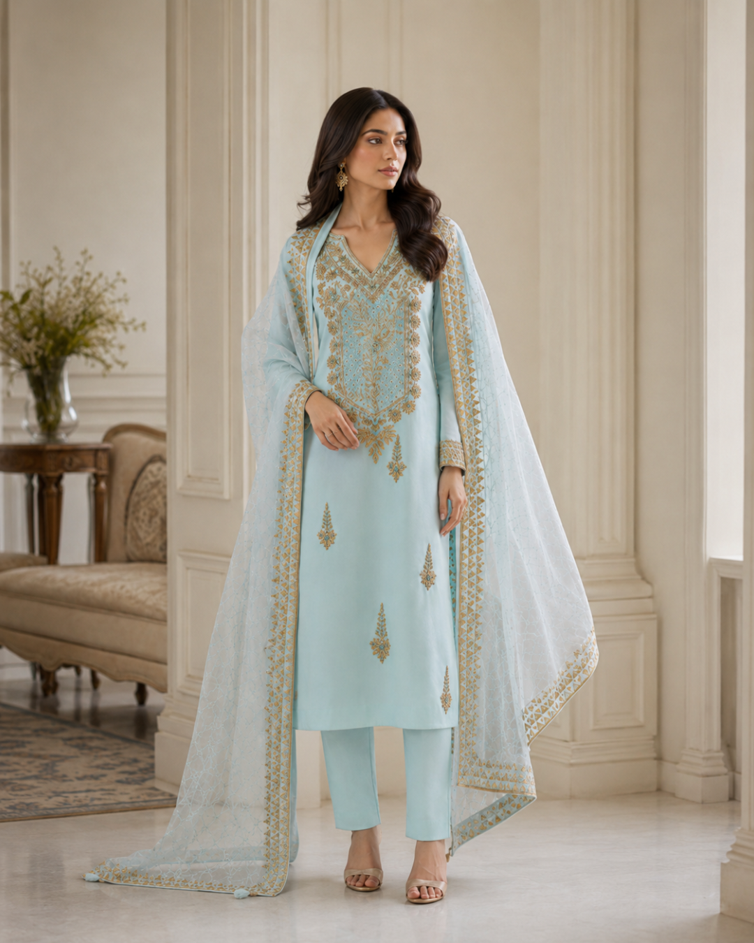 Gold Zari Embroidered Suit - Unstitched