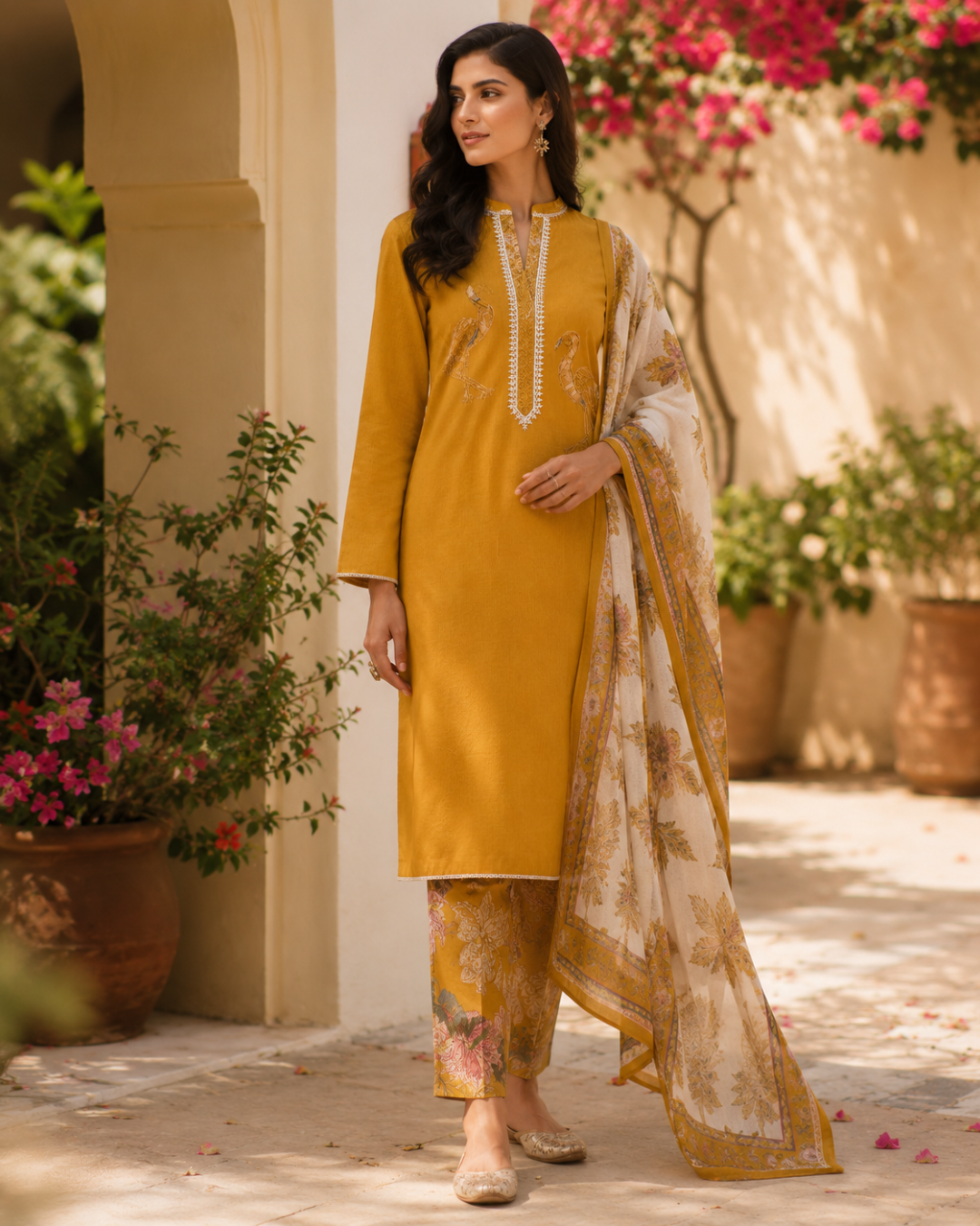 Peacock Floral Printed Suit - Unstitched