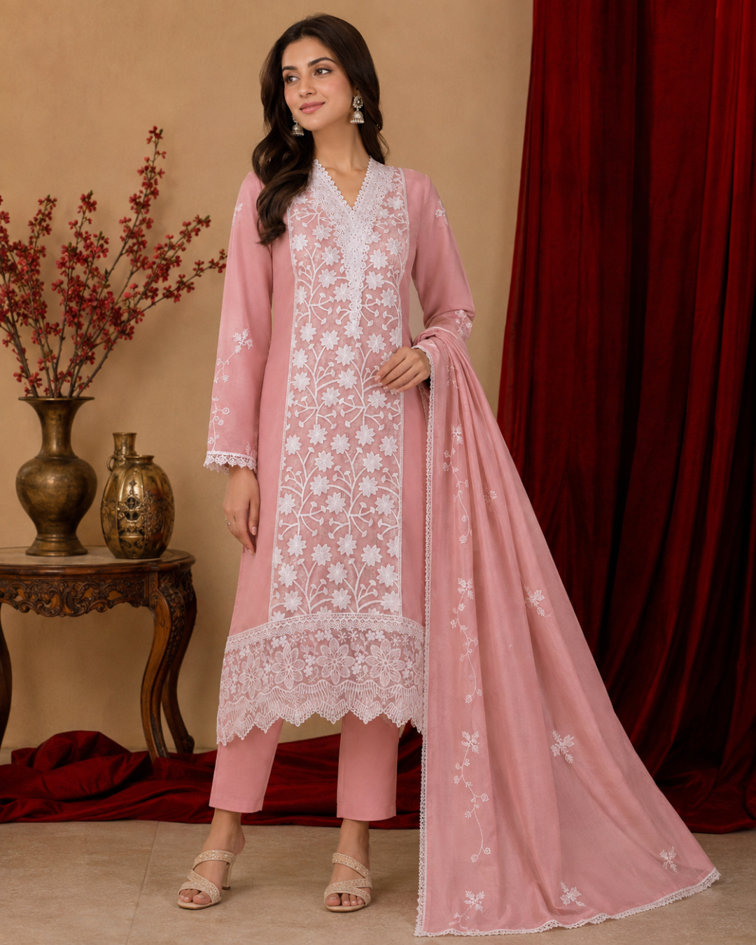 Floral Lace Embroidered Suit - Unstitched
