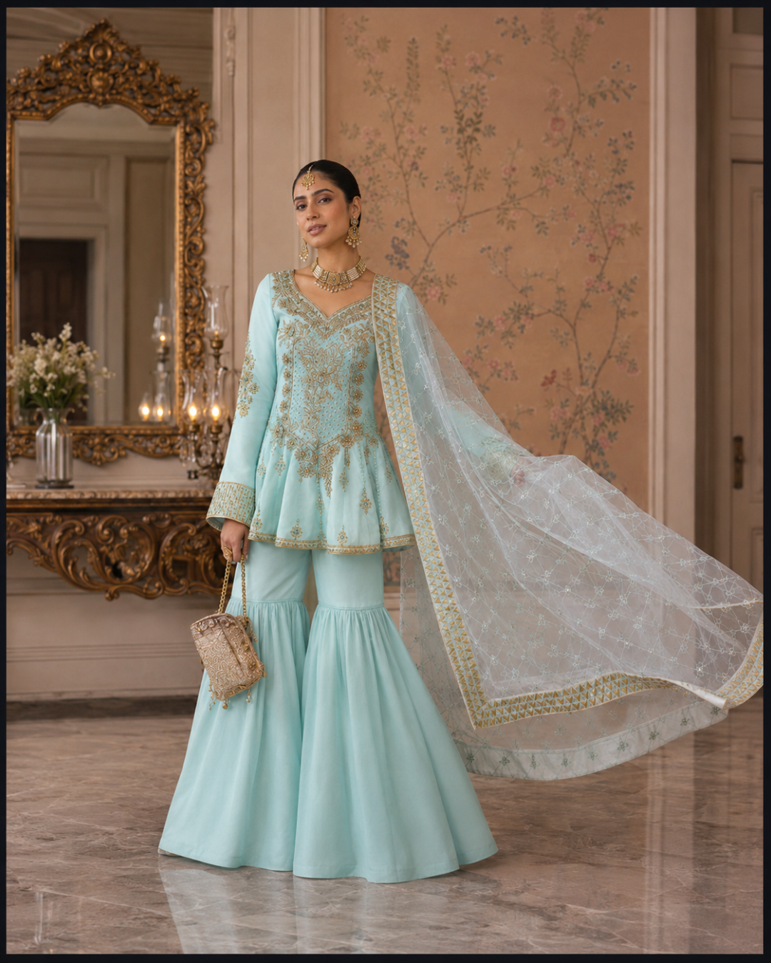Gold Zari Embroidered Suit - Unstitched