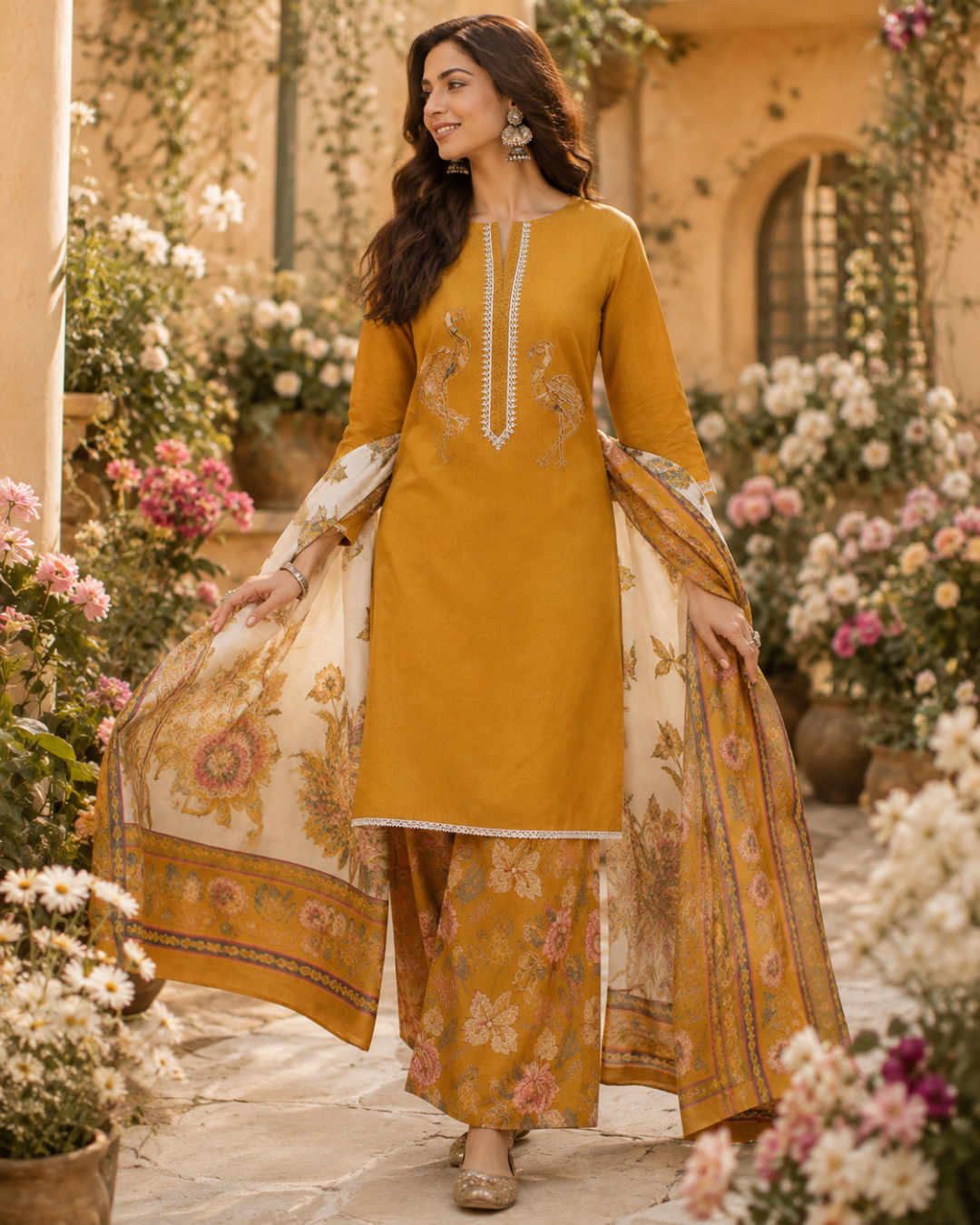 Peacock Floral Printed Suit - Unstitched