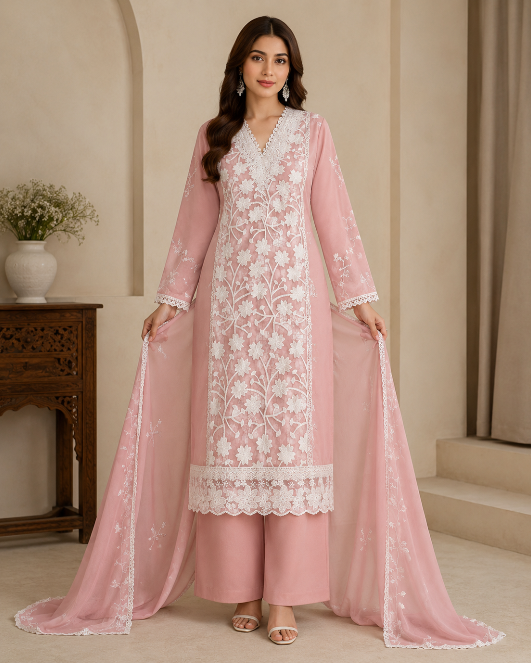 Floral Lace Embroidered Suit - Unstitched