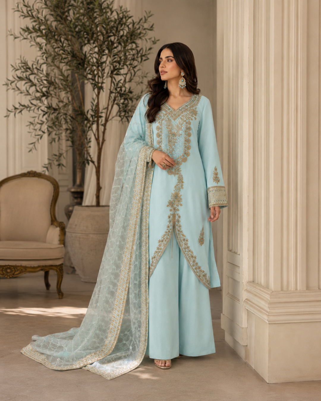 Gold Zari Embroidered Suit - Unstitched