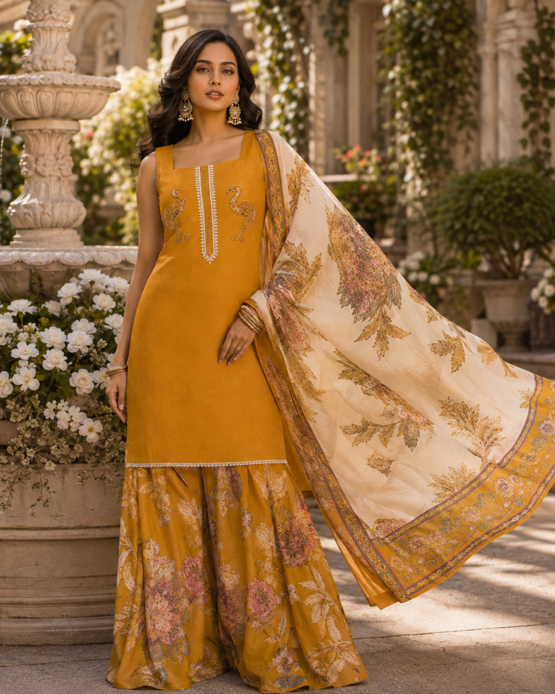 Peacock Floral Printed Suit - Unstitched