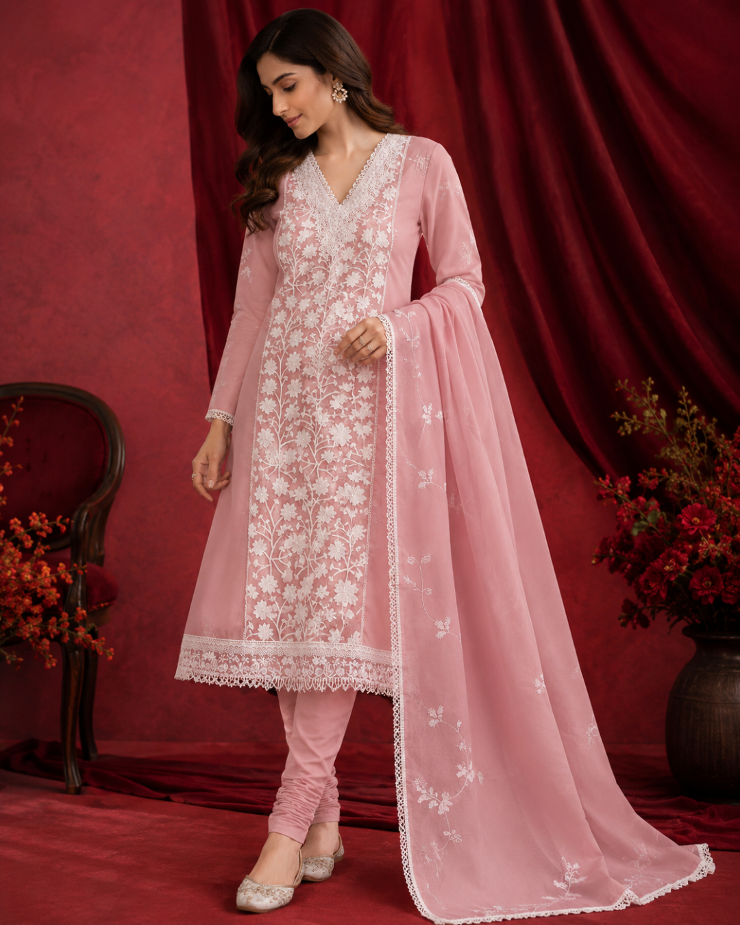 Floral Lace Embroidered Suit - Unstitched