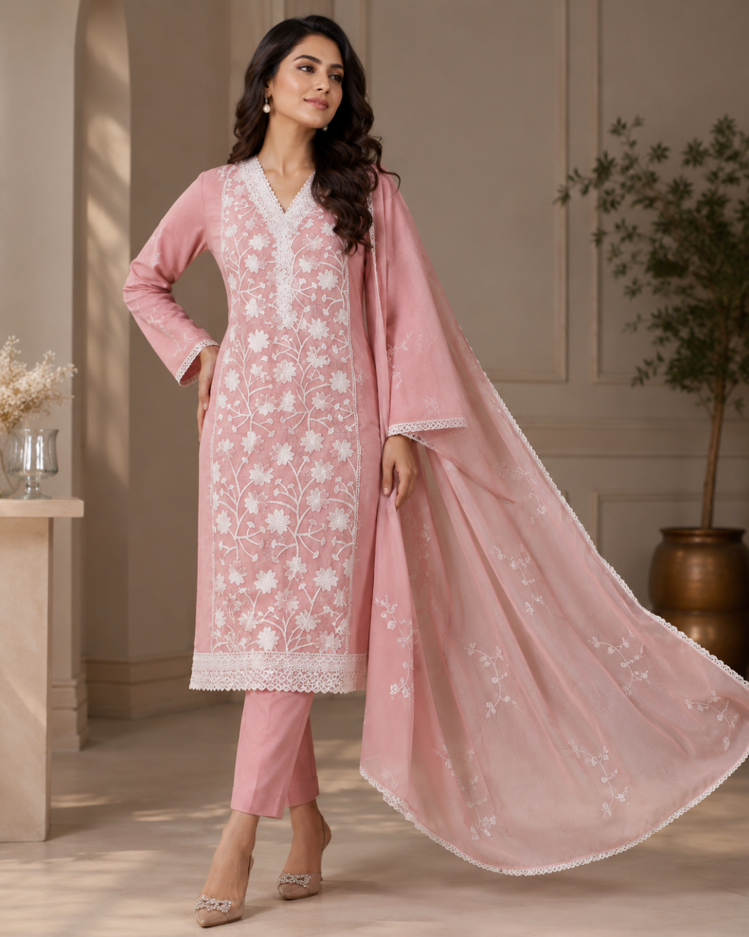 Floral Lace Embroidered Suit - Unstitched