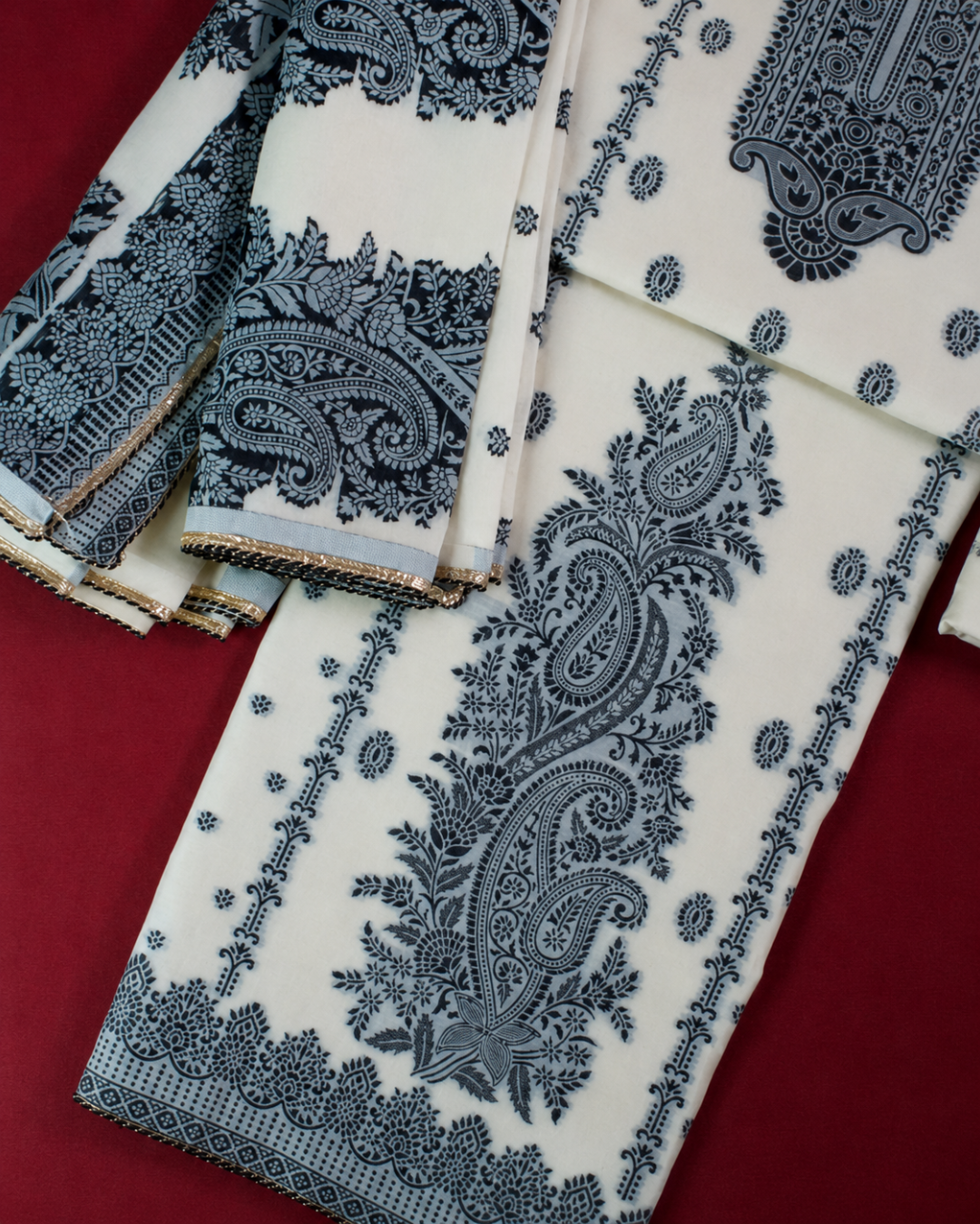 Ivory Black Paisley Printed Suit - Unstitched
