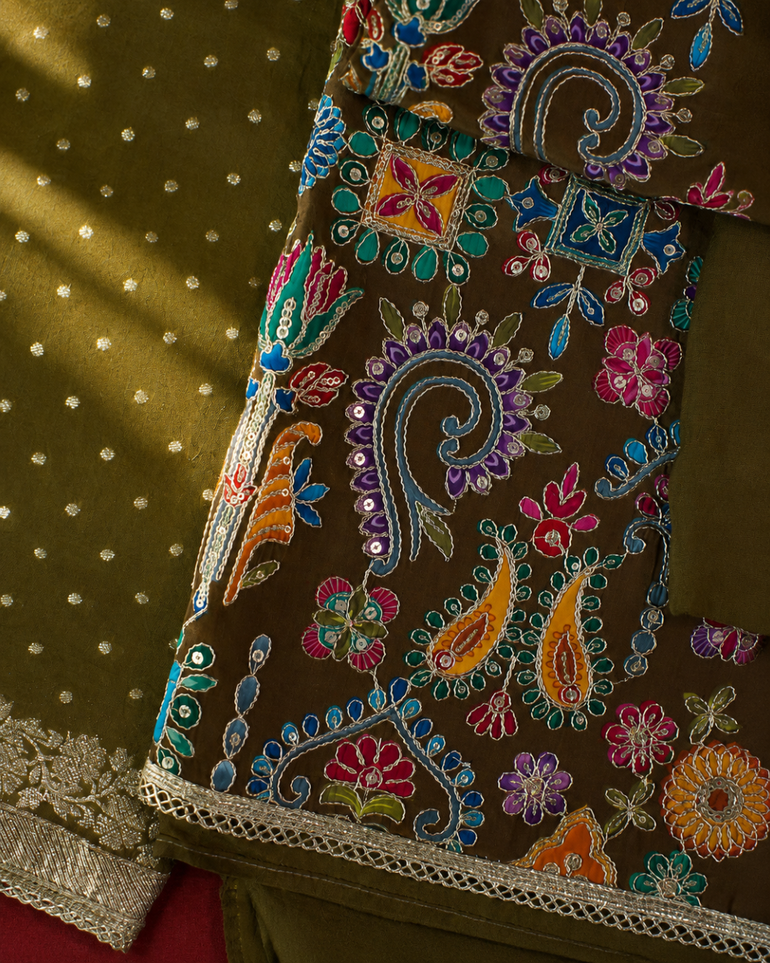 Olive Multicolour Gujarati Embroidered Suit - Unstitched