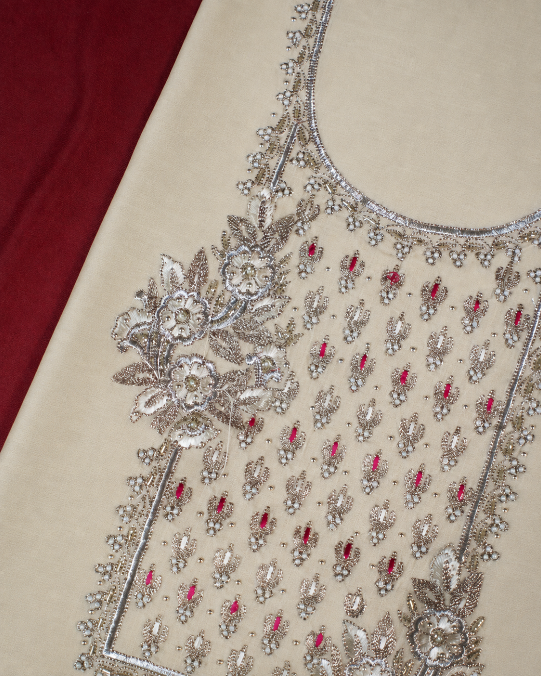 Beige Floral Embroidered Suit - Unstitched