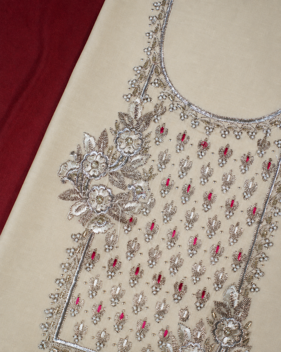 Beige Floral Embroidered Suit - Unstitched