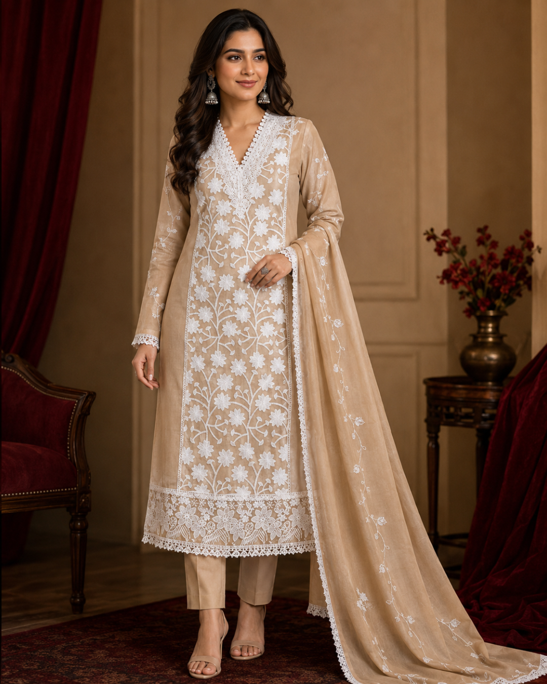 Floral Lace Embroidered Suit - Unstitched