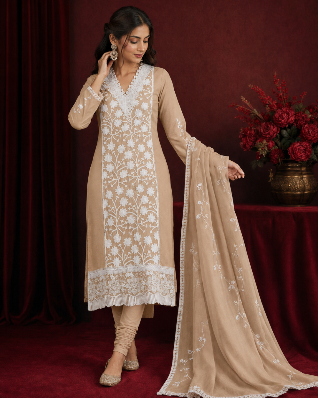Floral Lace Embroidered Suit - Unstitched