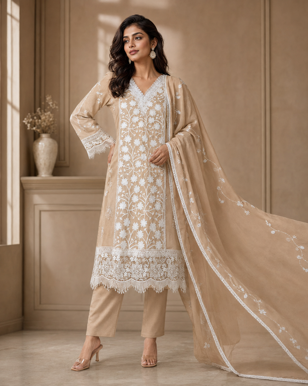 Floral Lace Embroidered Suit - Unstitched