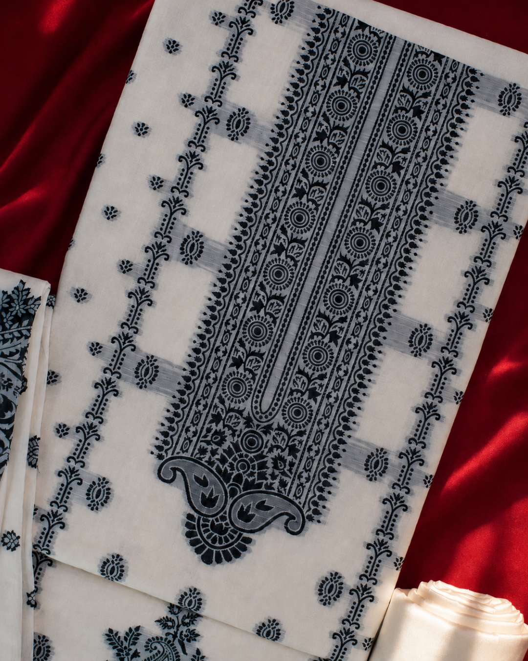 Ivory Black Paisley Printed Suit - Unstitched