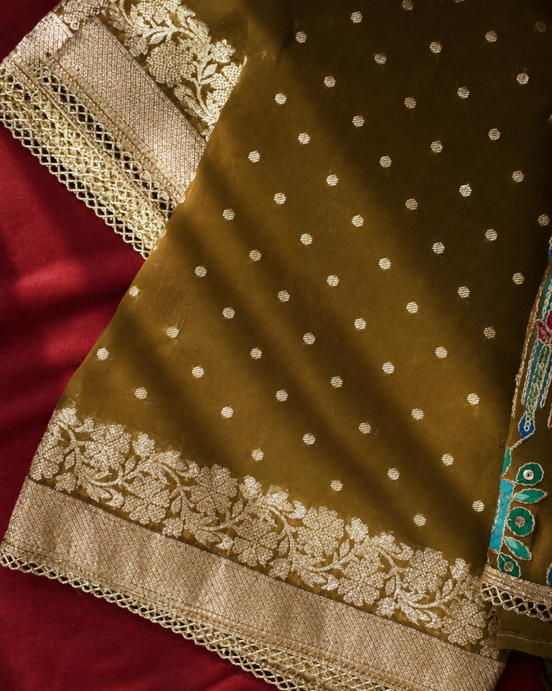 Olive Multicolour Gujarati Embroidered Suit - Unstitched