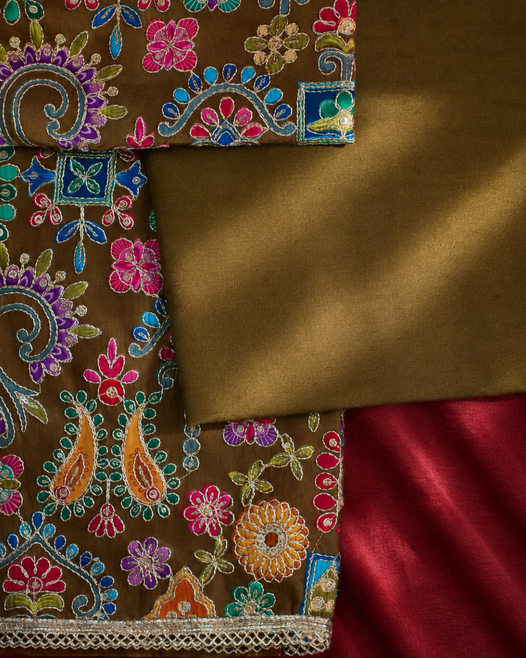 Olive Multicolour Gujarati Embroidered Suit - Unstitched