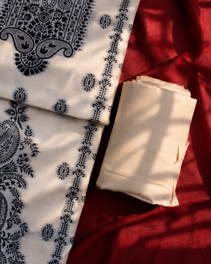 Ivory Black Paisley Printed Suit - Unstitched