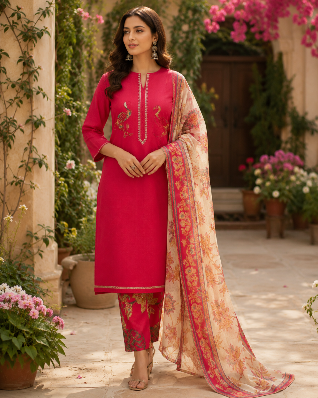 Peacock Floral Printed Suit - Unstitched